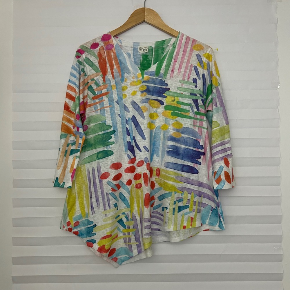 Et'Lois Womens Abstract Watercolor V-Neck Tunic Top Asymmetric Hem Multi-Color M